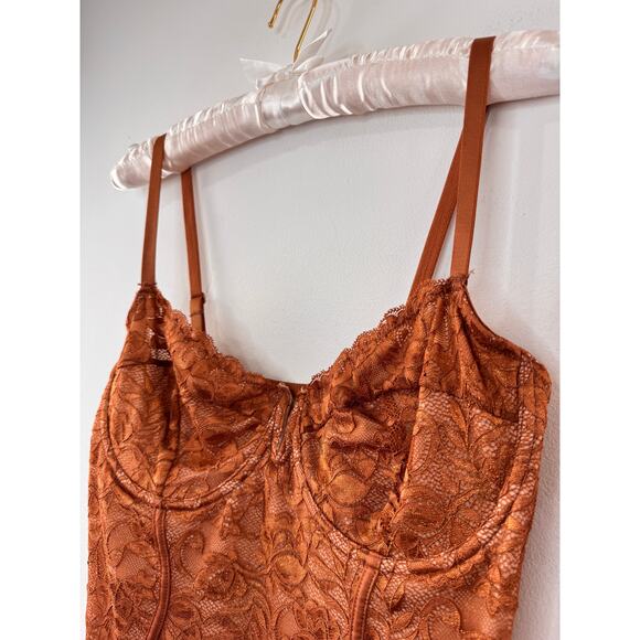 Popilush Brown Bodycon Dress Stretch Lace Floral Sweetheart Spaghetti M Medium - Picture 4 of 8